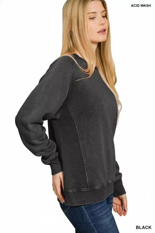 Zenana Acid Washed Fleece Sweatshirt with Side Rib - Trendsi