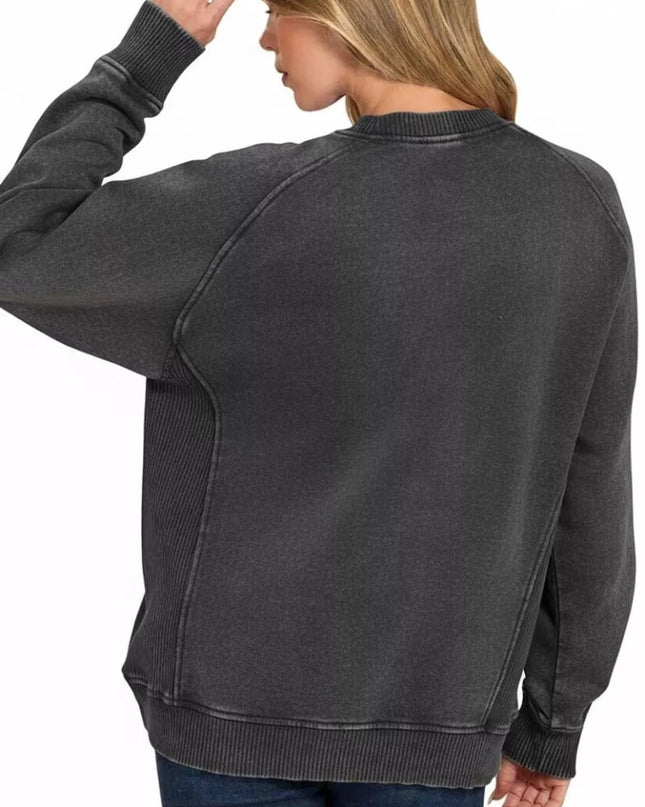 Zenana Acid Washed Fleece Sweatshirt with Side Rib - Trendsi