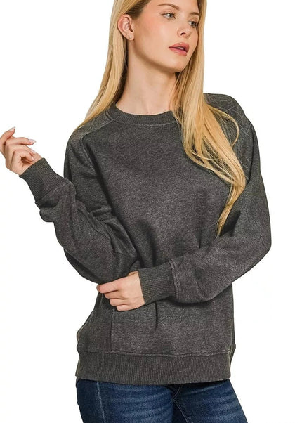 Zenana Acid Washed Fleece Sweatshirt with Side Rib - Trendsi