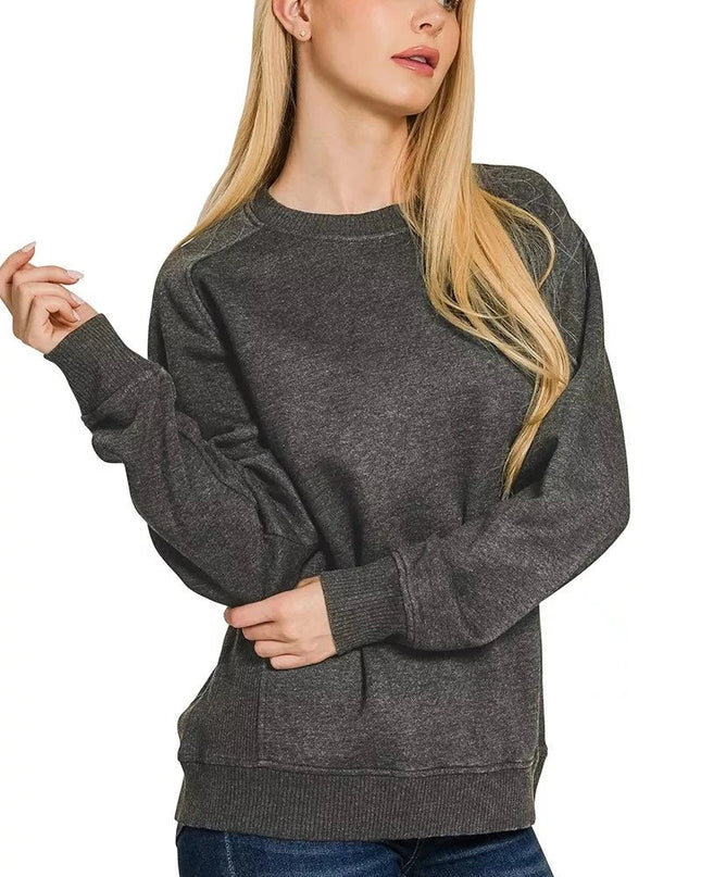 Zenana Acid Washed Fleece Sweatshirt with Side Rib - Trendsi