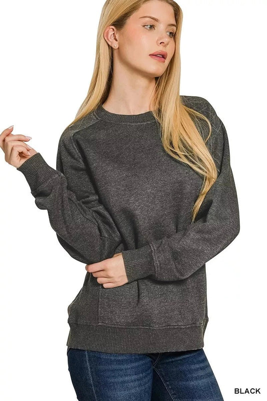 Zenana Acid Washed Fleece Sweatshirt with Side Rib - Trendsi