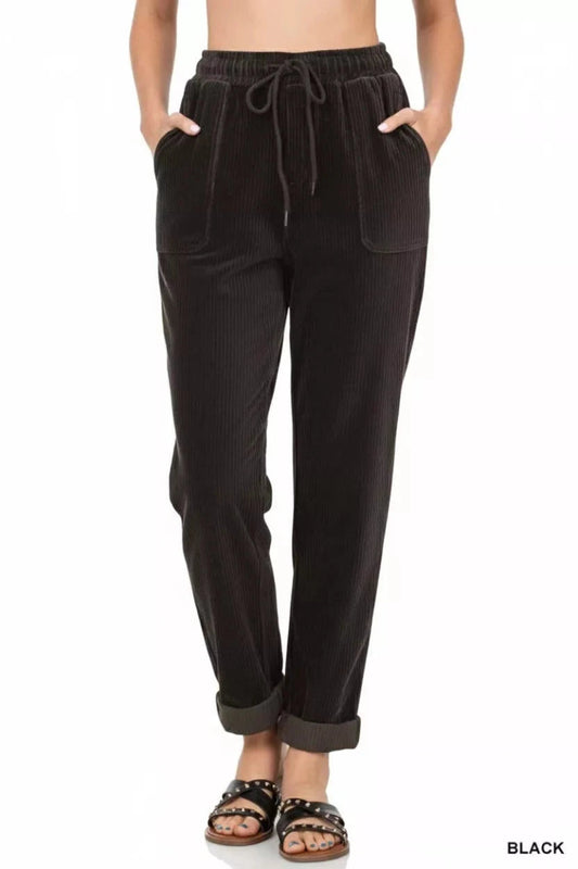 Zenana Corduroy Drawstring Cuffed Pants - Trendsi