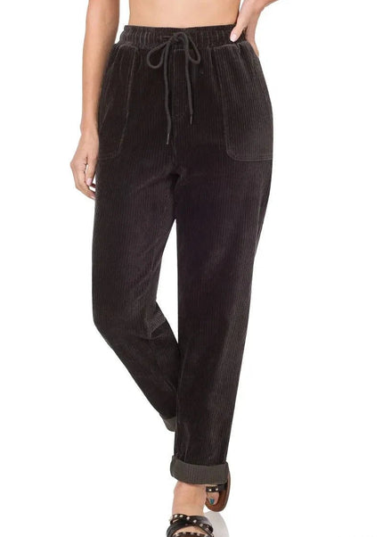 Zenana Corduroy Drawstring Cuffed Pants - Trendsi