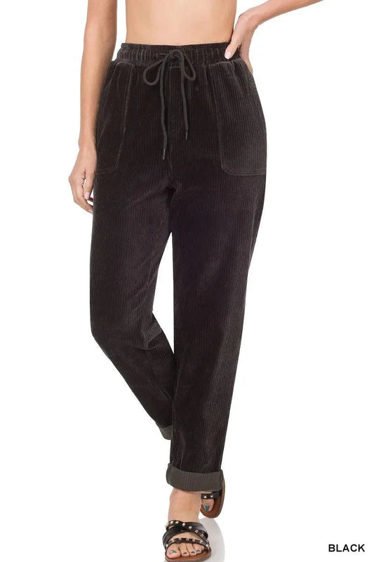 Zenana Corduroy Drawstring Cuffed Pants - Trendsi