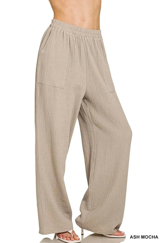 Zenana Double Gauze Elastic Band Pants - Trendsi