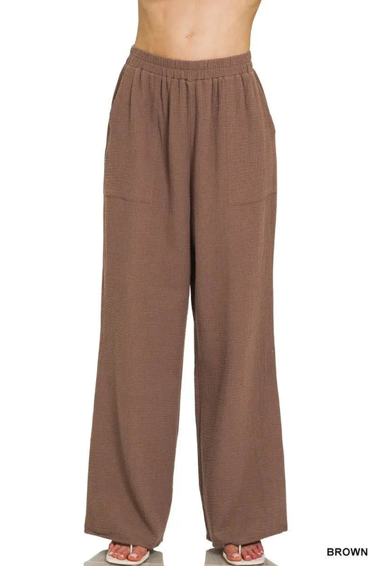 Zenana Double Gauze Elastic Band Pants - Trendsi