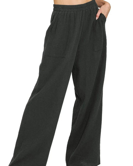 Zenana Double Gauze Elastic Band Pants - Trendsi