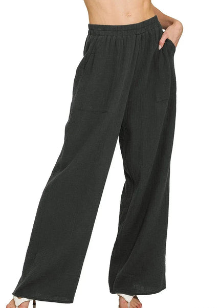 Zenana Double Gauze Elastic Band Pants - Trendsi