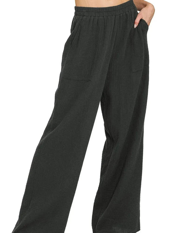 Zenana Double Gauze Elastic Band Pants - Trendsi