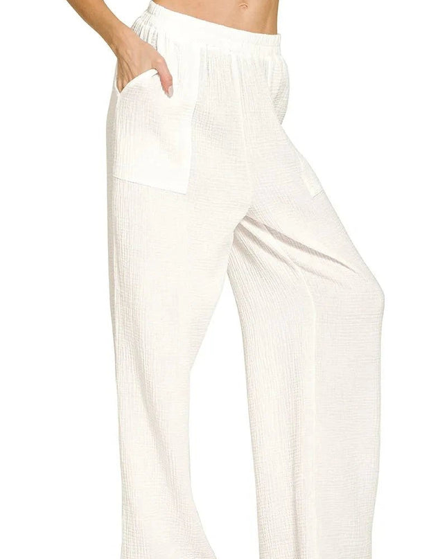 Zenana Double Gauze Elastic Band Pants - Trendsi