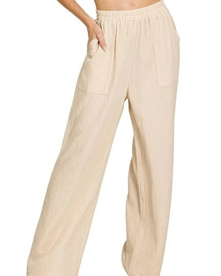 Zenana Double Gauze Elastic Band Pants - Trendsi