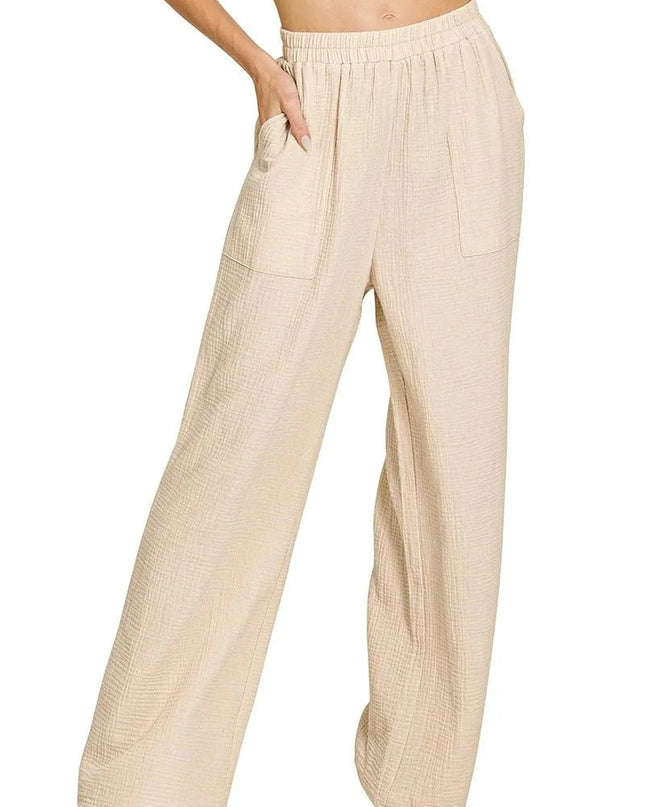 Zenana Double Gauze Elastic Band Pants - Trendsi