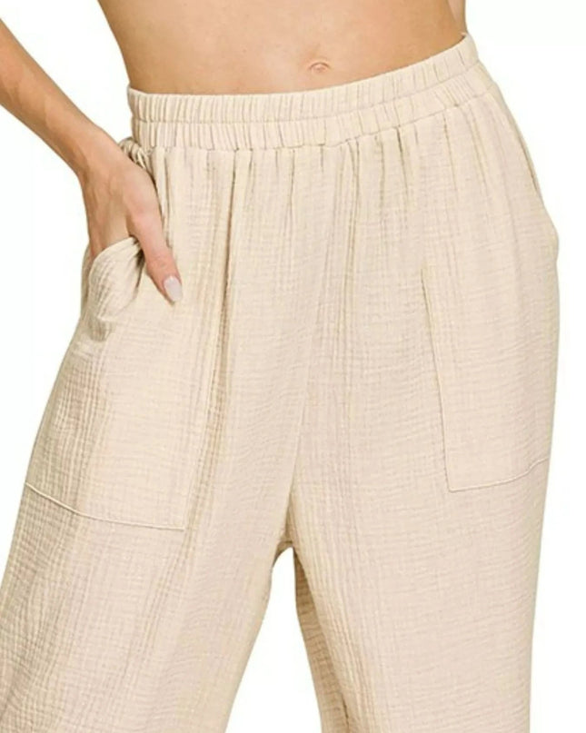 Zenana Double Gauze Elastic Band Pants - Trendsi