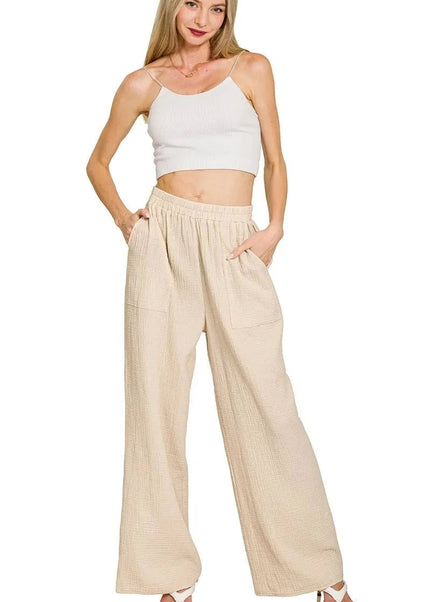 Zenana Double Gauze Elastic Band Pants - Trendsi
