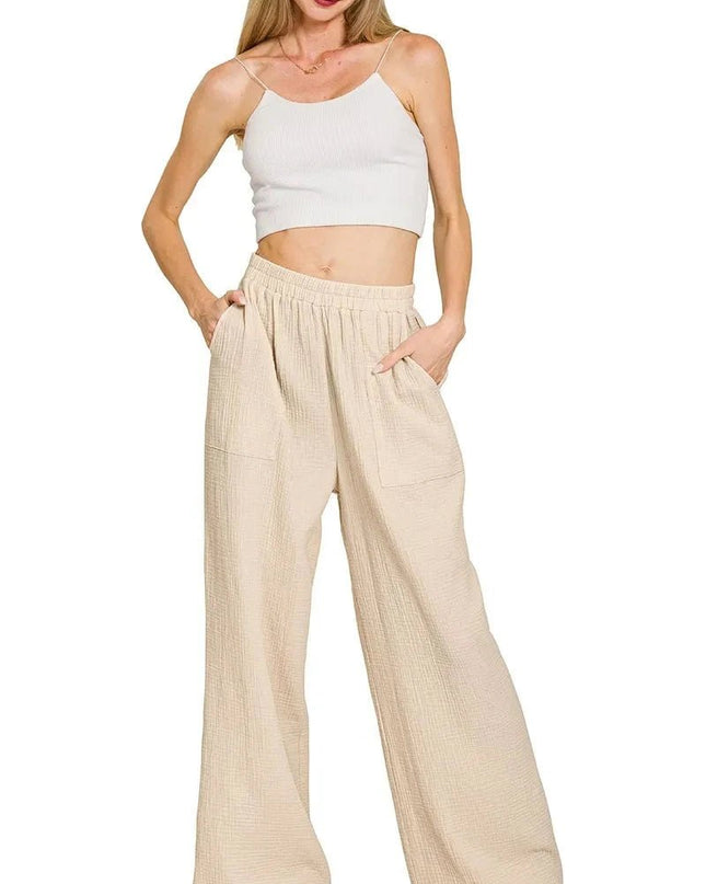Zenana Double Gauze Elastic Band Pants - Trendsi