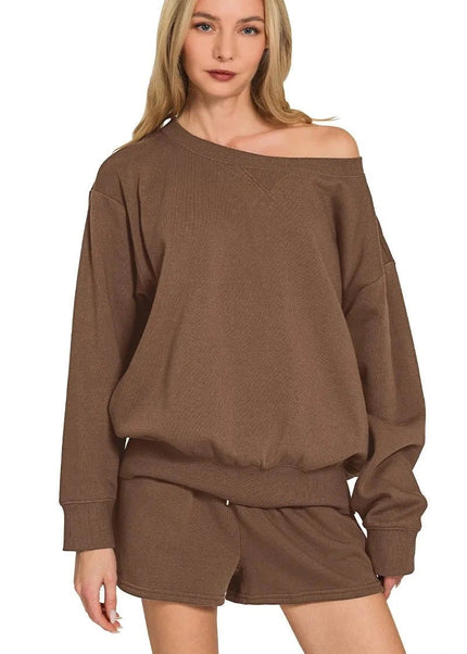 Zenana Fleece Boat Neck Sweatshirt and Shorts Set - Trendsi