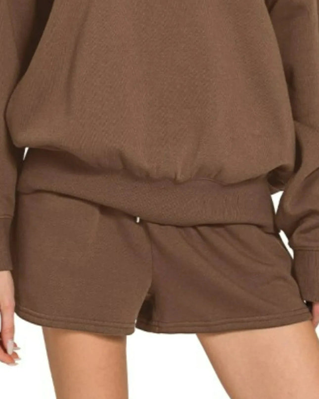 Zenana Fleece Boat Neck Sweatshirt and Shorts Set - Trendsi
