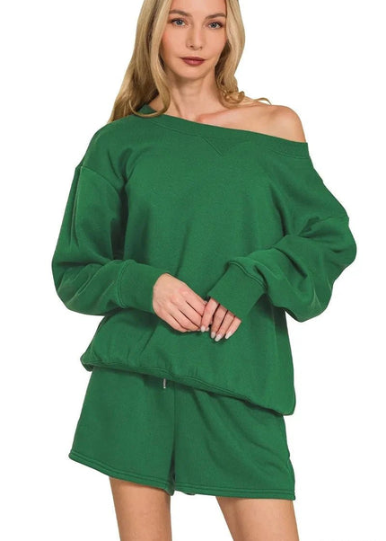 Zenana Fleece Boat Neck Sweatshirt and Shorts Set - Trendsi