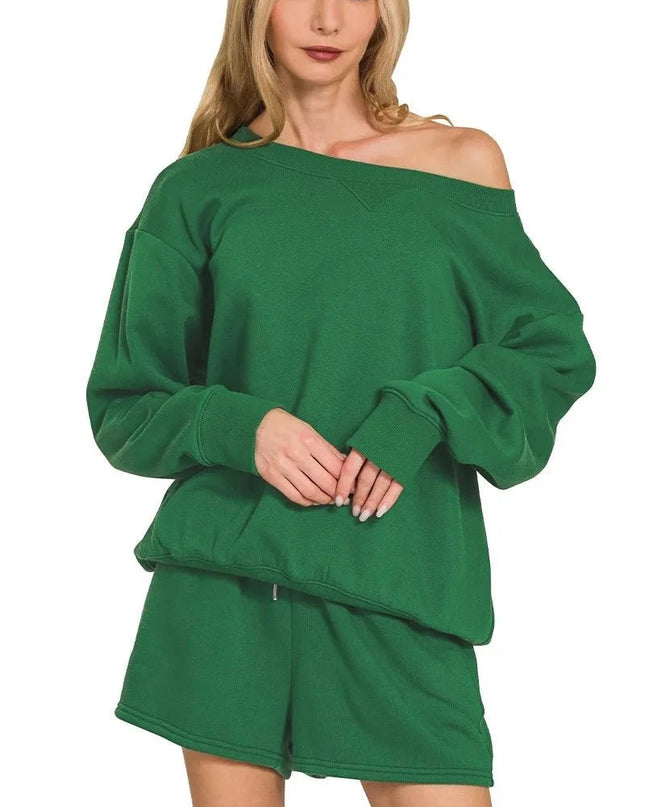 Zenana Fleece Boat Neck Sweatshirt and Shorts Set - Trendsi
