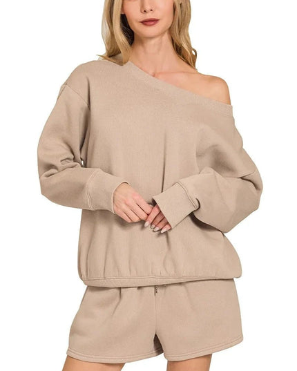 Zenana Fleece Boat Neck Sweatshirt and Shorts Set - Trendsi
