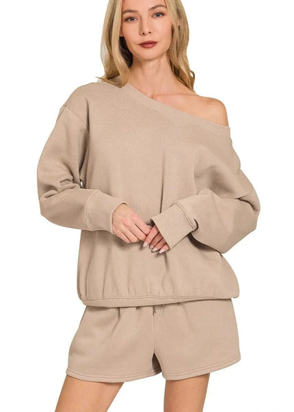 Zenana Fleece Boat Neck Sweatshirt and Shorts Set - Trendsi