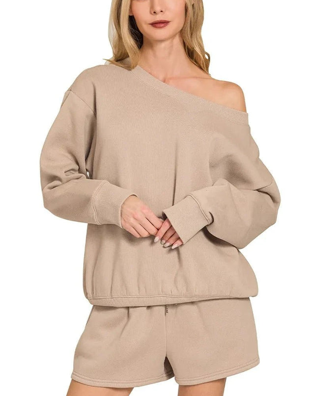 Zenana Fleece Boat Neck Sweatshirt and Shorts Set - Trendsi