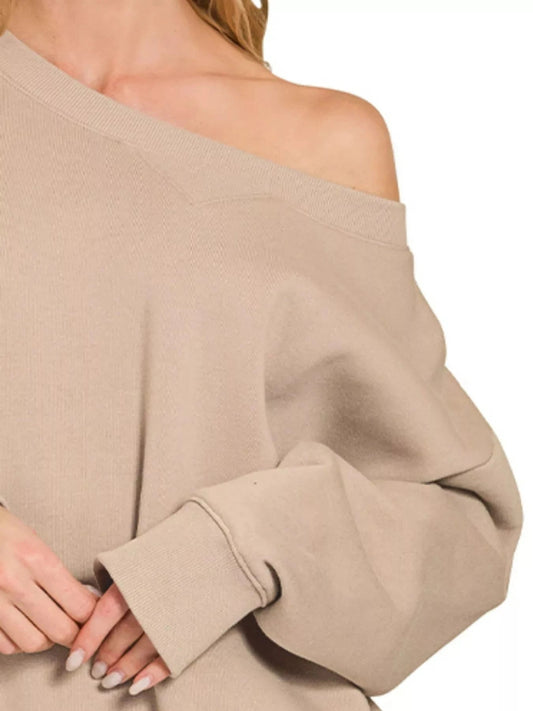 Zenana Fleece Boat Neck Sweatshirt and Shorts Set - Trendsi