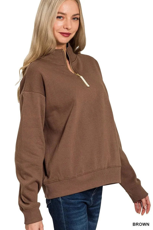 Zenana Fleece Half Zip Sweatshirt - Trendsi