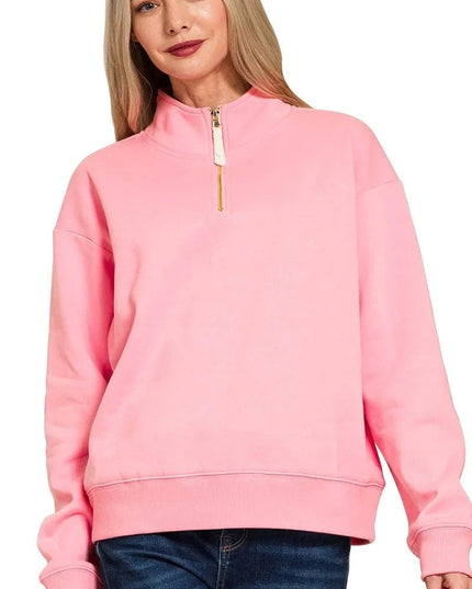 Zenana Fleece Half Zip Sweatshirt - Trendsi