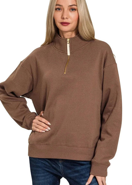 Zenana Fleece Half Zip Sweatshirt - Trendsi