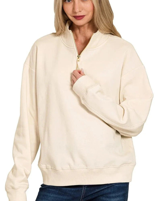 Zenana Fleece Half Zip Sweatshirt - Trendsi