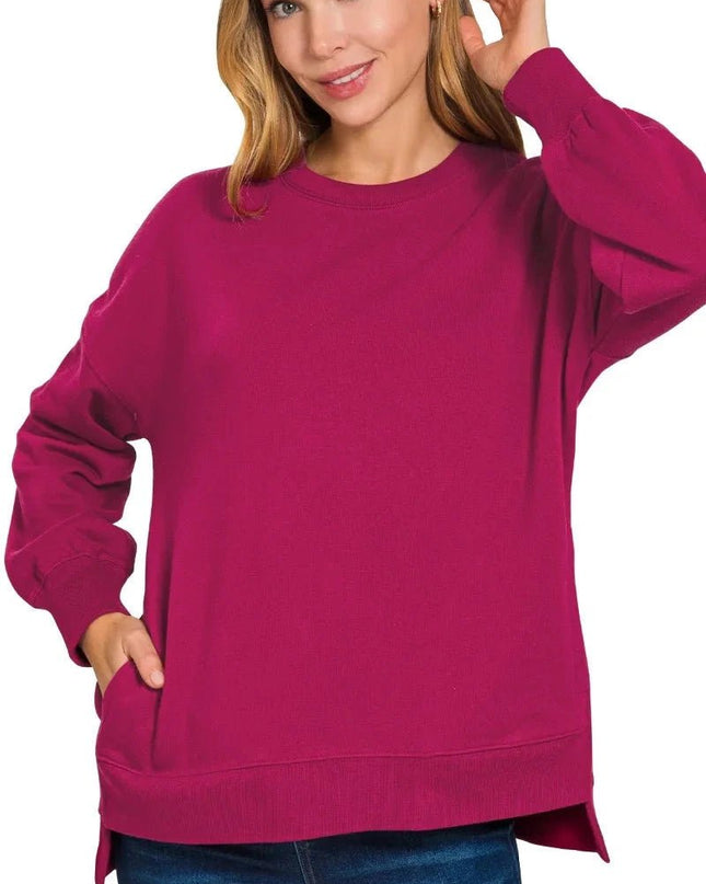 Zenana Fleece Hi - low Boyfriend Sweatshirts with Pockets - Trendsi