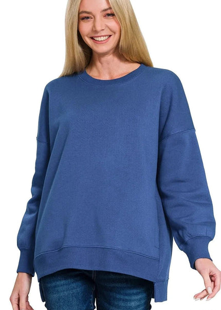 Zenana Fleece Hi - low Boyfriend Sweatshirts with Pockets - Trendsi