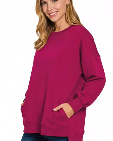 Zenana Fleece Hi - low Boyfriend Sweatshirts with Pockets - Trendsi