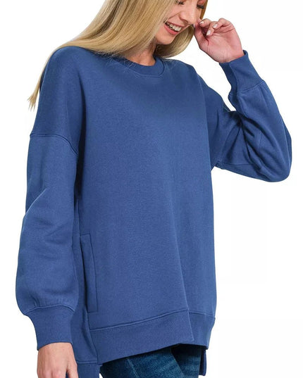 Zenana Fleece Hi - low Boyfriend Sweatshirts with Pockets - Trendsi