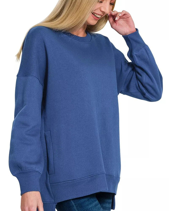 Zenana Fleece Hi - low Boyfriend Sweatshirts with Pockets - Trendsi