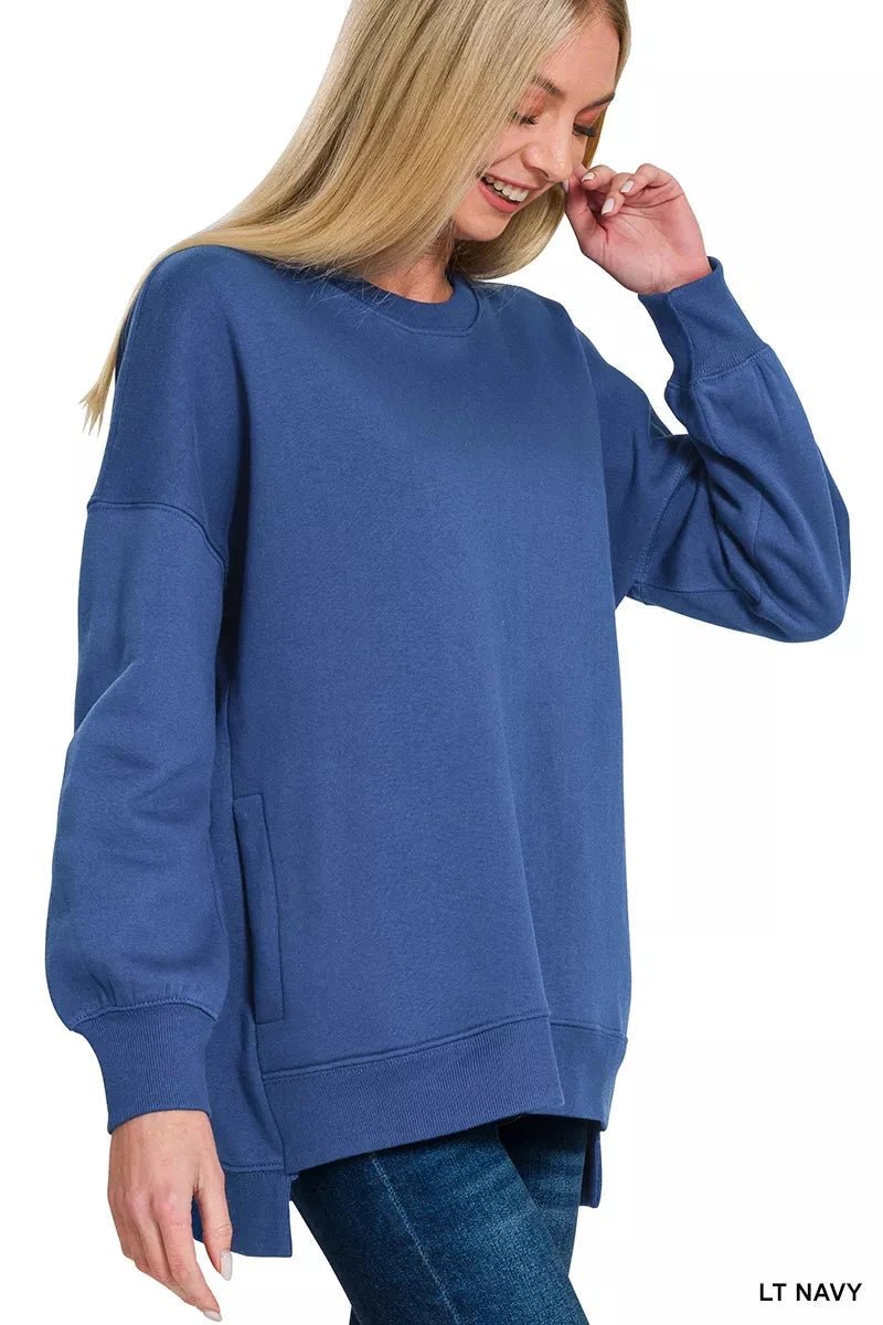 Zenana Fleece Hi - low Boyfriend Sweatshirts with Pockets - Trendsi