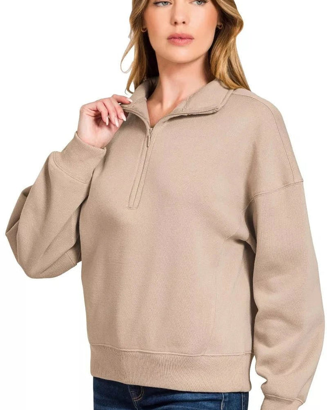 Zenana Fleece High Neck Half Zip Sweatshirt - Trendsi