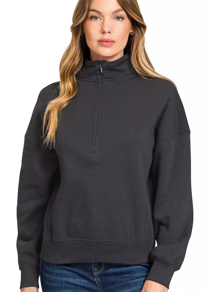 Zenana Fleece High Neck Half Zip Sweatshirt - Trendsi