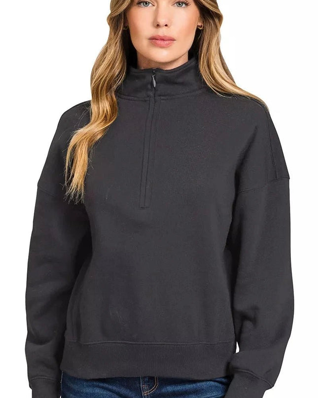 Zenana Fleece High Neck Half Zip Sweatshirt - Trendsi