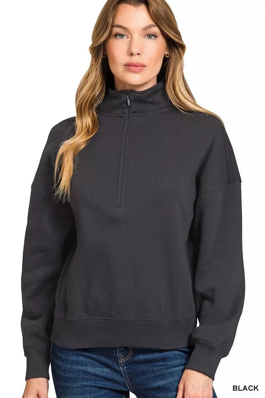Zenana Fleece High Neck Half Zip Sweatshirt - Trendsi