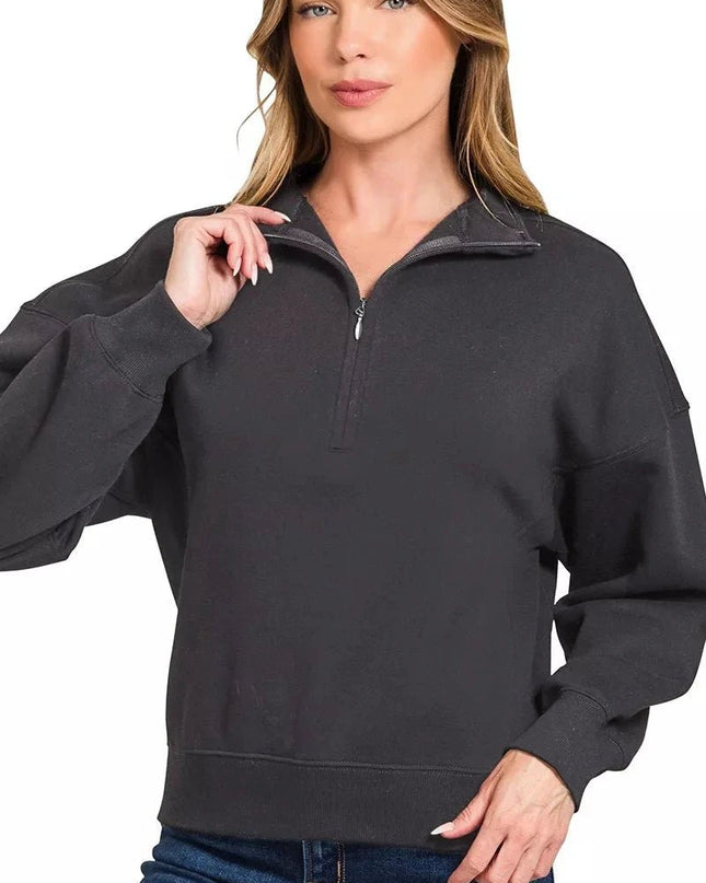 Zenana Fleece High Neck Half Zip Sweatshirt - Trendsi