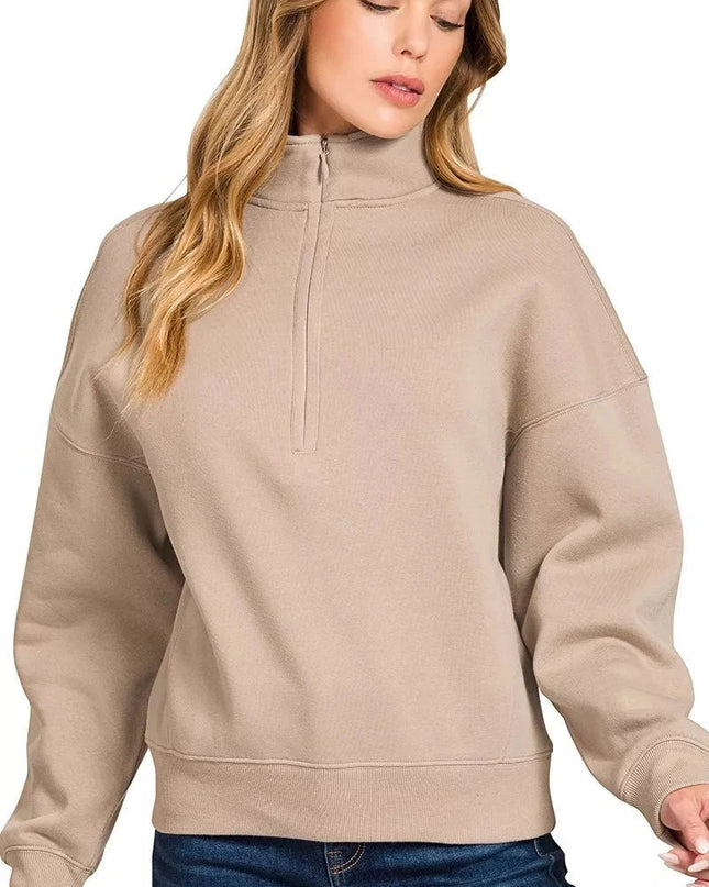 Zenana Fleece High Neck Half Zip Sweatshirt - Trendsi