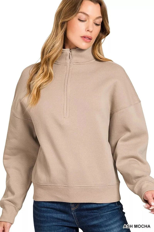 Zenana Fleece High Neck Half Zip Sweatshirt - Trendsi