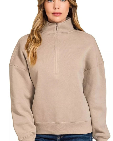Zenana Fleece High Neck Half Zip Sweatshirt - Trendsi