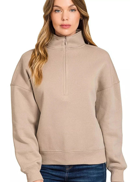 Zenana Fleece High Neck Half Zip Sweatshirt - Trendsi