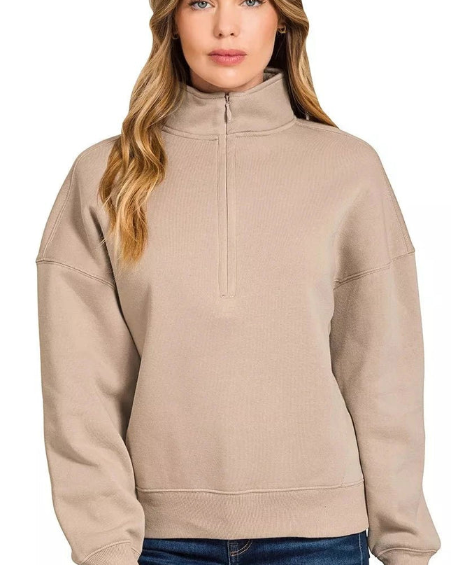 Zenana Fleece High Neck Half Zip Sweatshirt - Trendsi