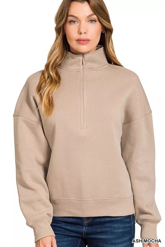 Zenana Fleece High Neck Half Zip Sweatshirt - Trendsi