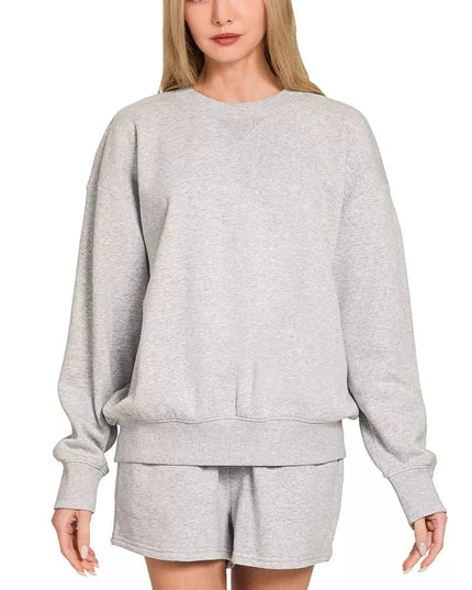 Zenana Fleece Long Sleeve Sweatshirts & Shorts Set - Trendsi