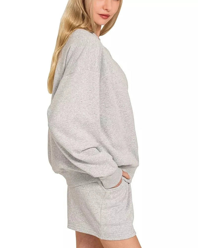 Zenana Fleece Long Sleeve Sweatshirts & Shorts Set - Trendsi